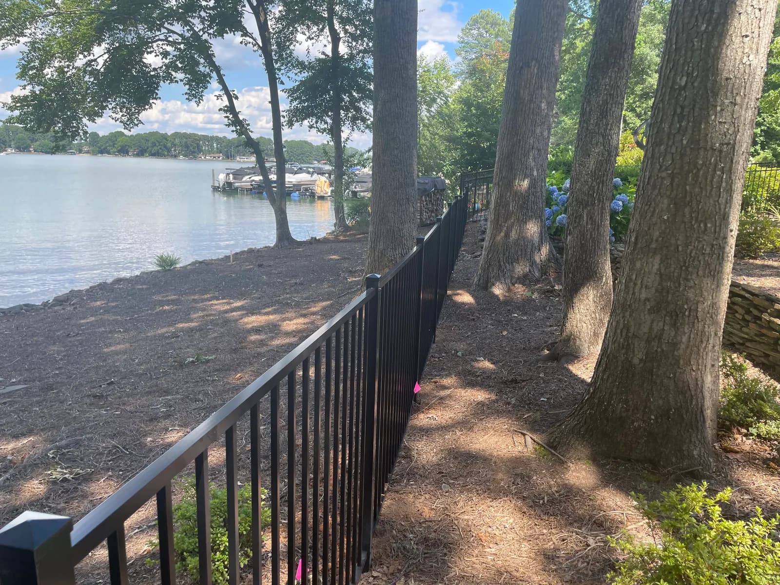 Black aluminum fence running between trees along a lake shoreline.