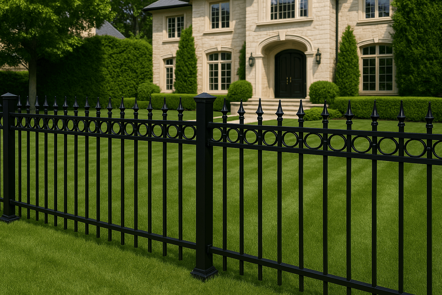 Black aluminum fence along a landscaped yard
