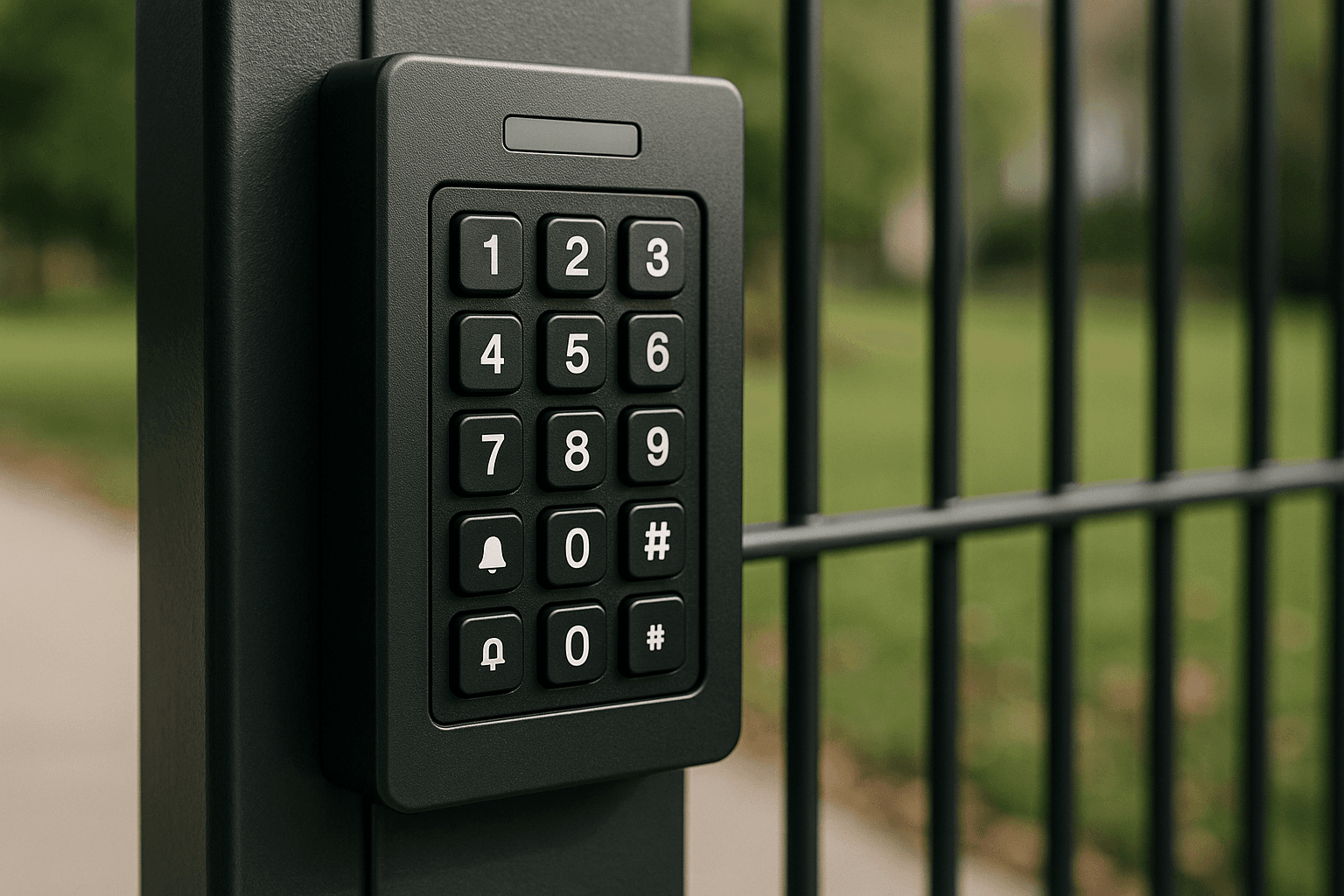 Automated vehicle gate with an entry keypad at a driveway entrance