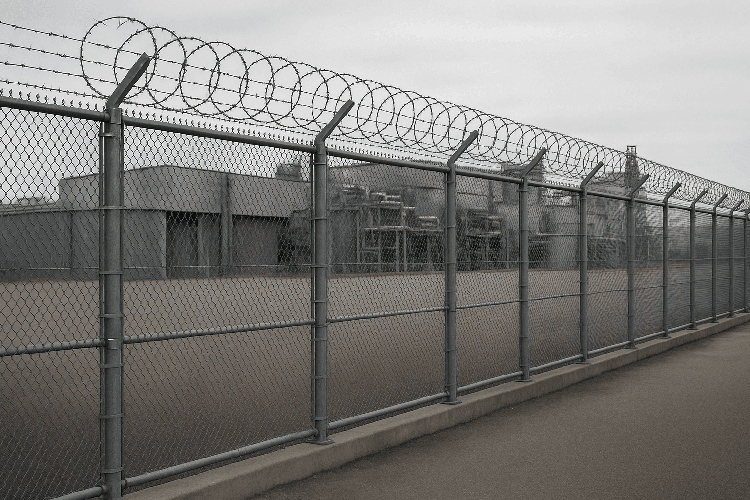 Tall chain link security fence around an industrial yard