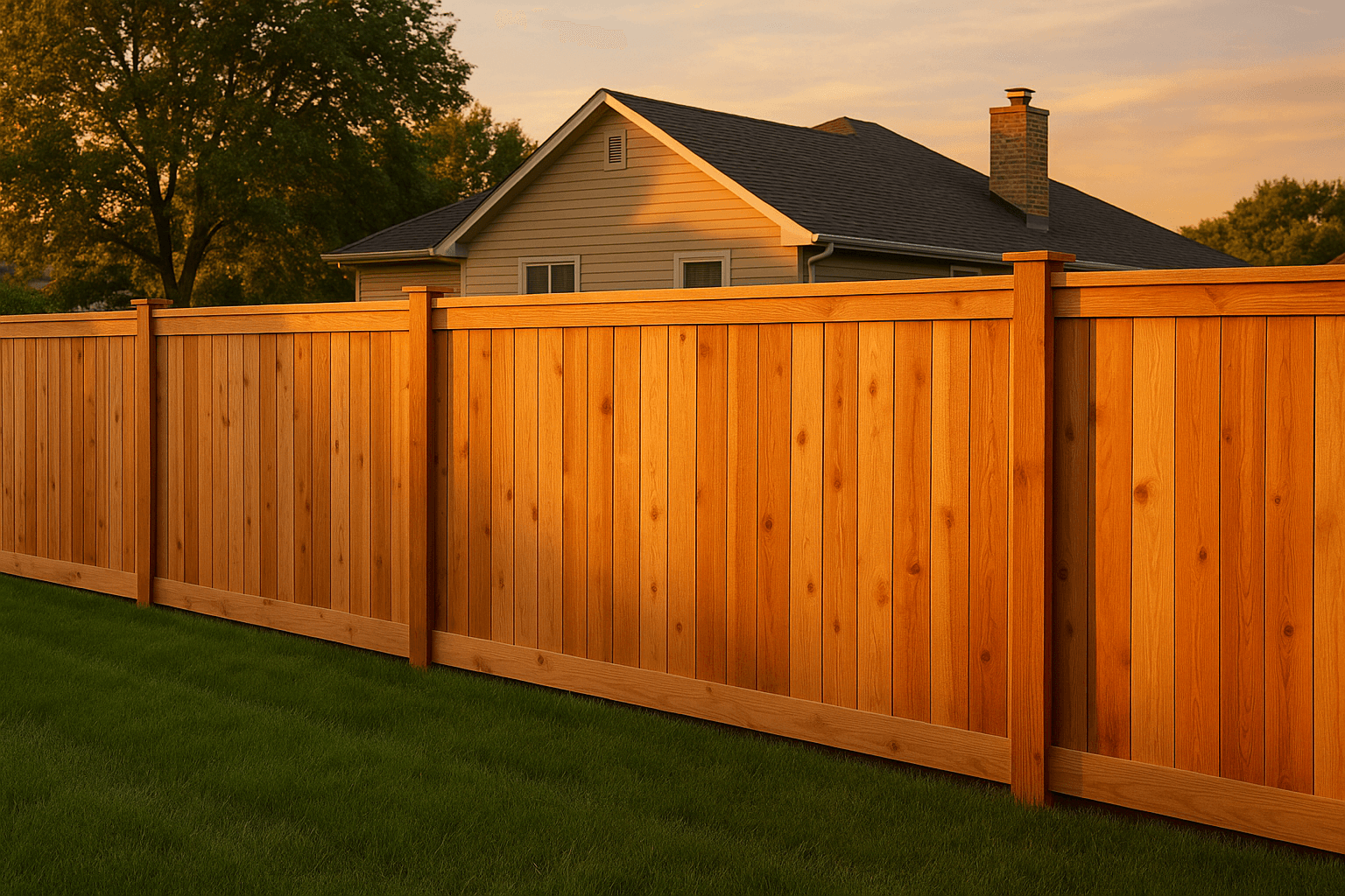 Wood privacy fence along the back of a residential yard