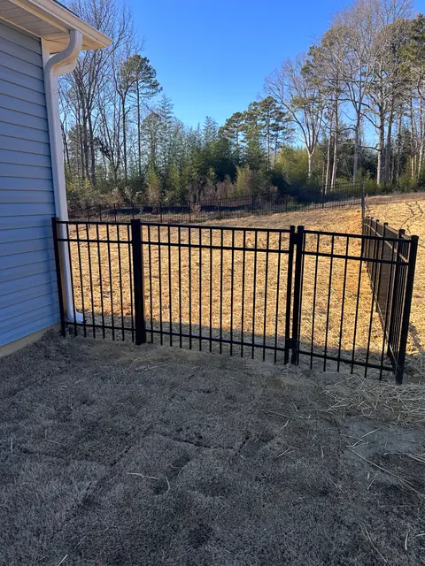 Black aluminum fence with a double gate enclosing a backyard beside a blue house.
