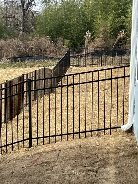 Black aluminum fence racked to follow a slope beside a house.