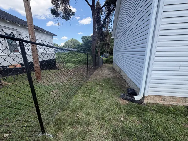 Black vinyl coated chain link fence beside a house.