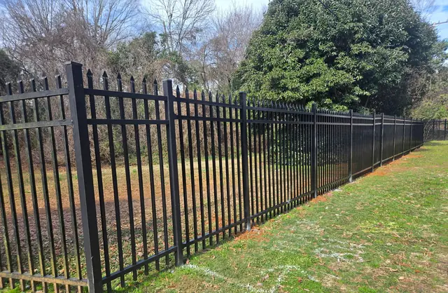 Black ornamental metal fence with pointed pickets running along a property line.