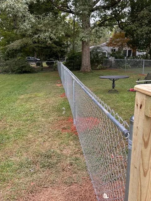 Galvanized chain link fence across a backyard lawn.