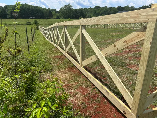 Wood crossbuck fence with wire mesh along a pasture.