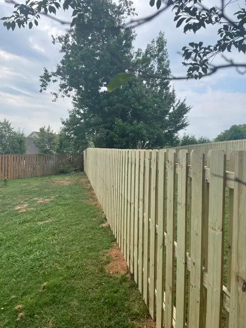 Shadowbox wood fence running along a backyard lawn.