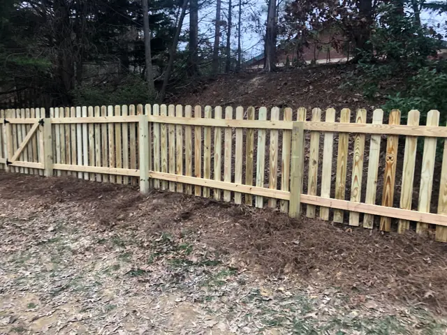 Wood picket fence with pointed pickets and a matching gate.